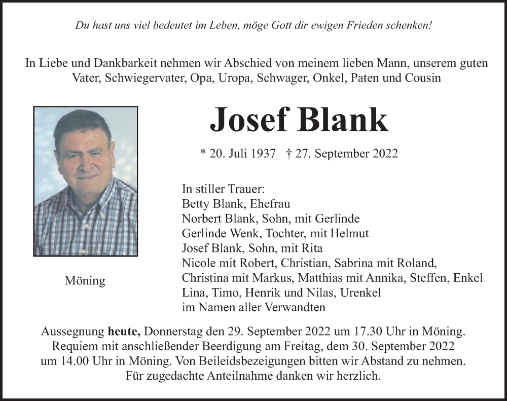  Traueranzeige für Josef Blank vom 29.09.2022 aus Neumarkter Nachrichten Lokal