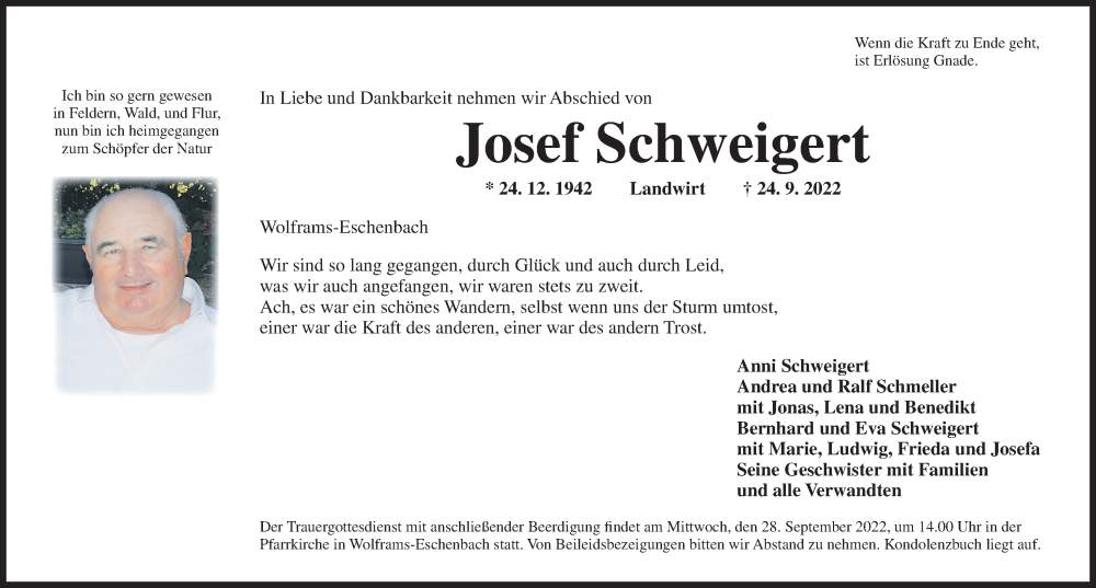  Traueranzeige für Josef Schweigert vom 26.09.2022 aus Altmühl-Bote Lokal