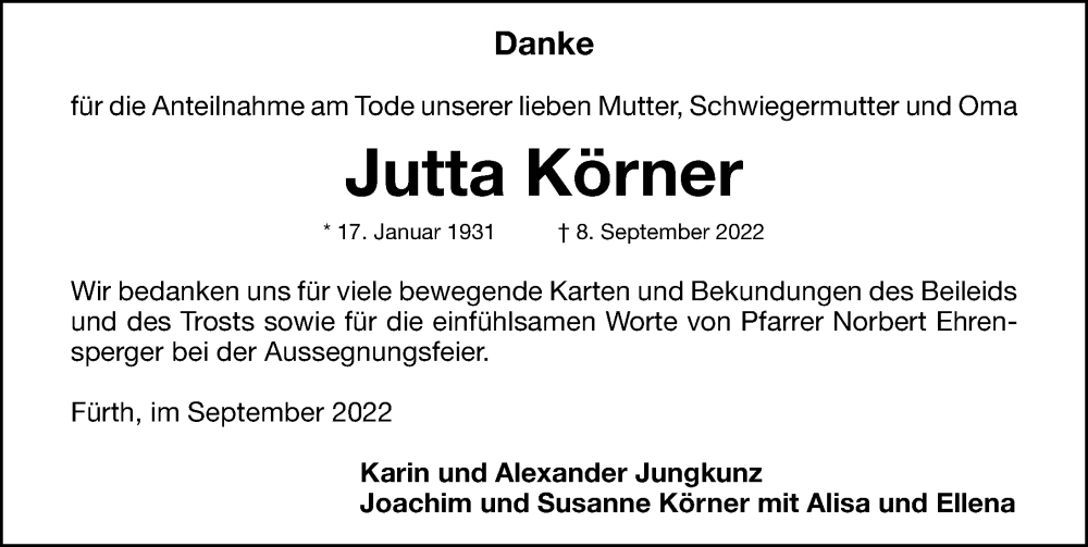  Traueranzeige für Jutta Körner vom 23.09.2022 aus Fürther Nachrichten Lokal