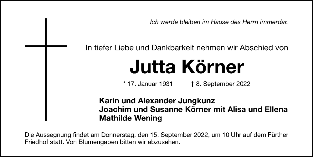  Traueranzeige für Jutta Körner vom 12.09.2022 aus Fürther Nachrichten Lokal