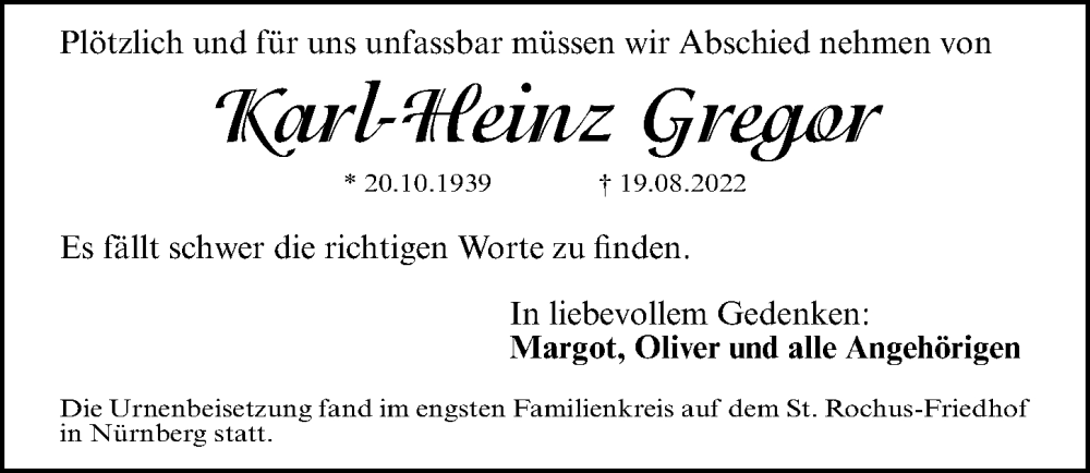  Traueranzeige für Karl-Heinz Gregor vom 24.09.2022 aus Gesamtausgabe Nürnberger Nachrichten/ Nürnberger Ztg.
