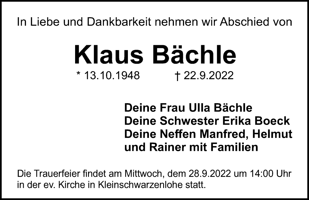  Traueranzeige für Klaus Bächle vom 26.09.2022 aus Schwabacher Tagblatt Lokal
