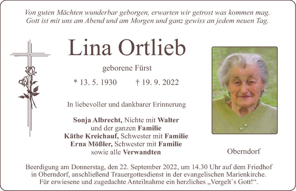  Traueranzeige für Lina Ortlieb vom 21.09.2022 aus Neumarkter Nachrichten Lokal