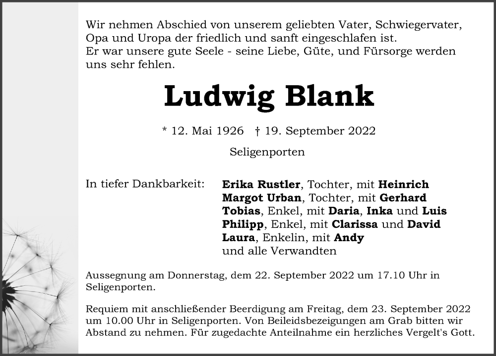  Traueranzeige für Ludwig Blank vom 21.09.2022 aus Neumarkter Nachrichten Lokal