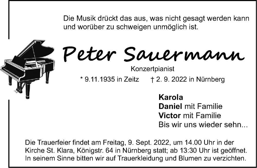  Traueranzeige für Peter Sauermann vom 07.09.2022 aus Gesamtausgabe Nürnberger Nachrichten/ Nürnberger Ztg.
