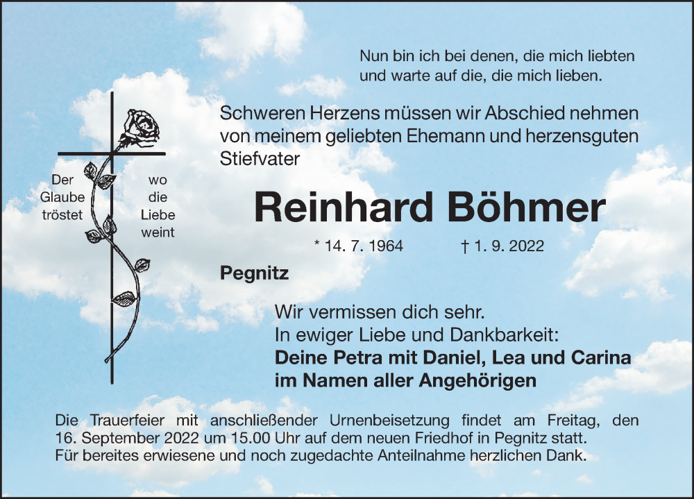  Traueranzeige für Reinhard Böhmer vom 14.09.2022 aus Nordbayerische Nachrichten Pegnitz Lokal