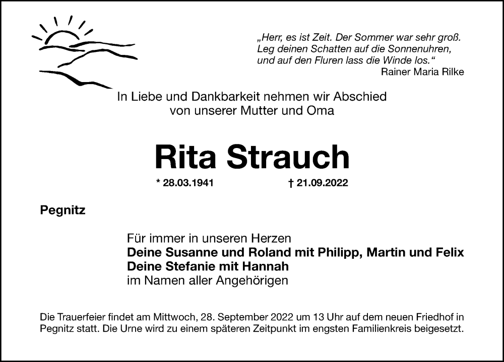 Traueranzeige für Rita Strauch vom 24.09.2022 aus Nordbayerische Nachrichten Pegnitz Lokal