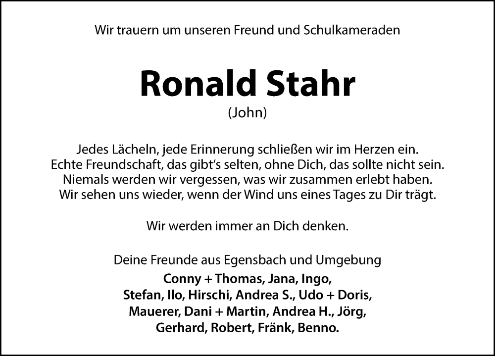  Traueranzeige für Ronald Stahr vom 22.09.2022 aus Hersbrucker Zeitung Lokal