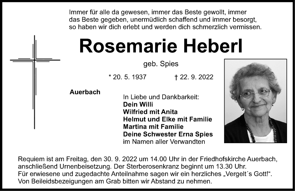  Traueranzeige für Rosemarie Heberl vom 27.09.2022 aus Nordbayerische Nachrichten Pegnitz Lokal