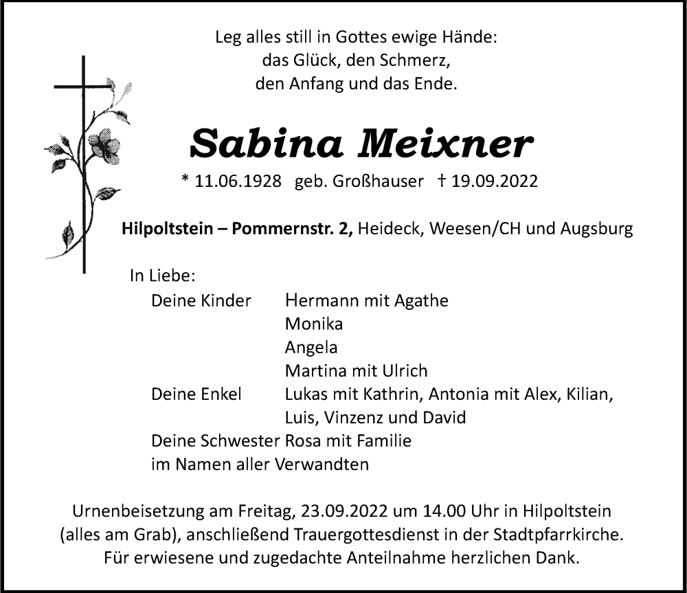  Traueranzeige für Sabina Meixner vom 22.09.2022 aus Roth-Hilpoltsteiner Volkszeitung Lokal
