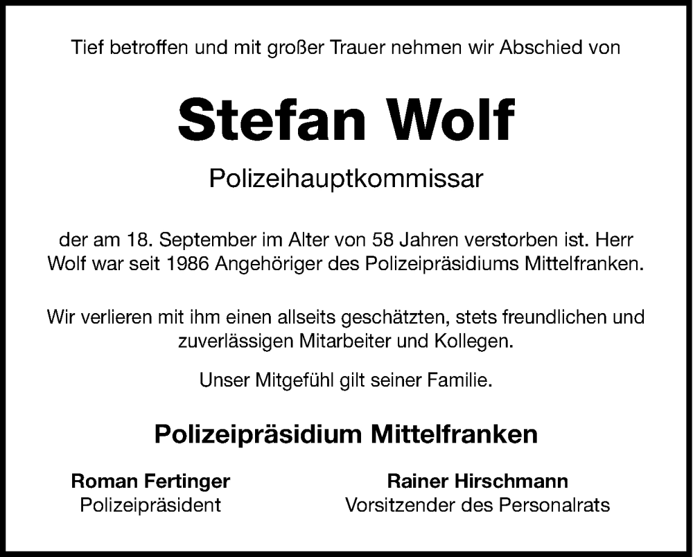  Traueranzeige für Stefan Wolf vom 26.09.2022 aus Gesamtausgabe Nürnberger Nachrichten/ Nürnberger Ztg.