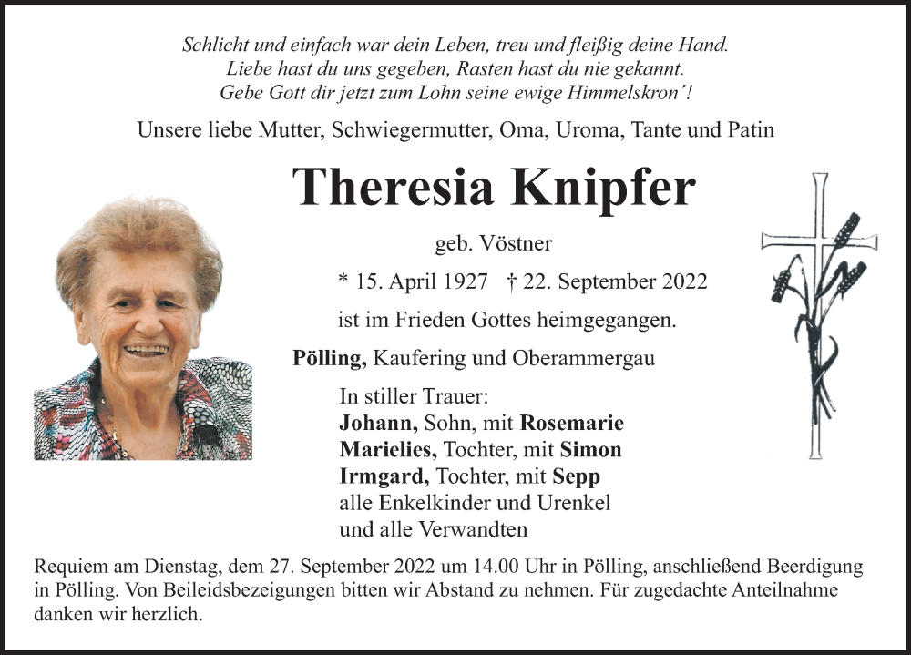  Traueranzeige für Theresia Knipfer vom 24.09.2022 aus Neumarkter Nachrichten Lokal