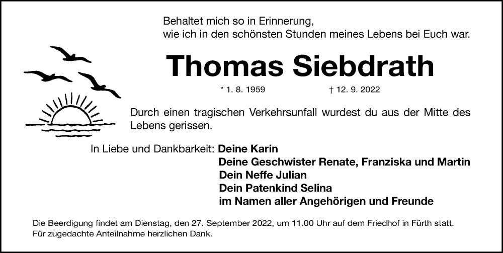  Traueranzeige für Thomas Siebdrath vom 24.09.2022 aus Gesamtausgabe Nürnberger Nachrichten/ Nürnberger Ztg.