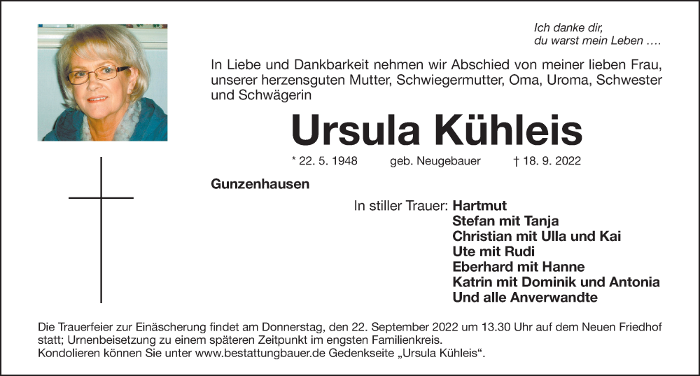  Traueranzeige für Ursula Kühleis vom 20.09.2022 aus Altmühl-Bote Lokal