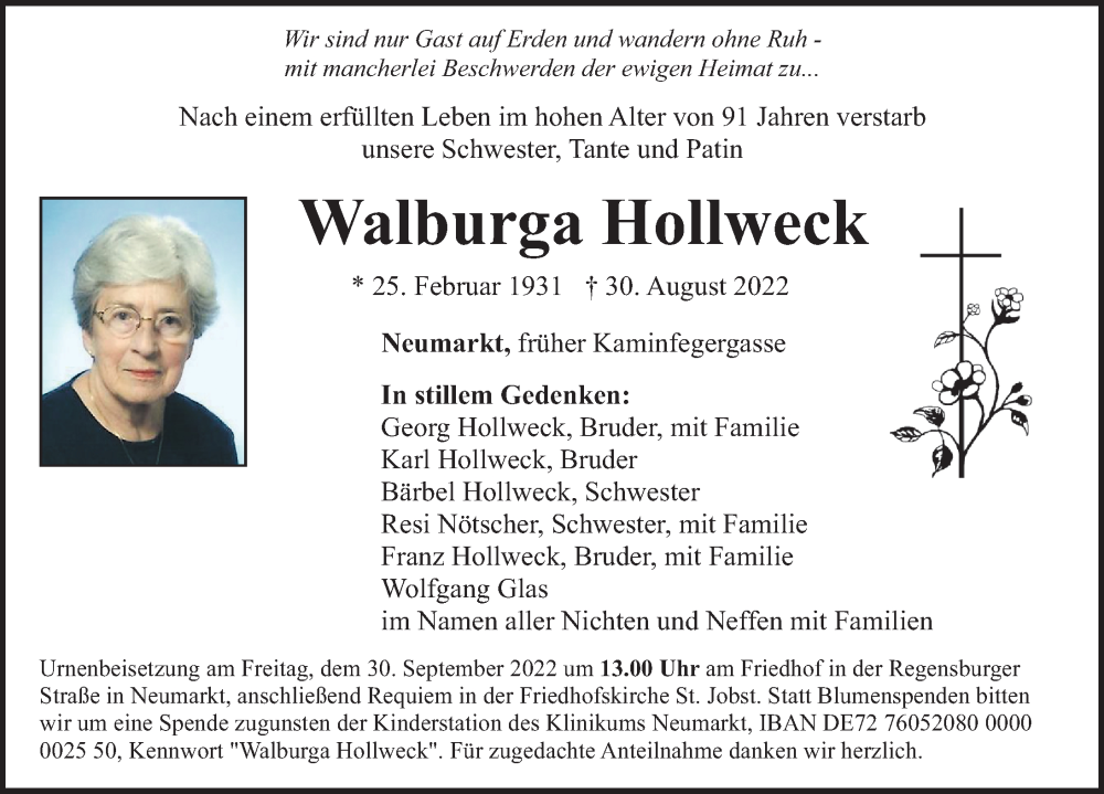  Traueranzeige für Walburga Hollweck vom 26.09.2022 aus Neumarkter Nachrichten Lokal