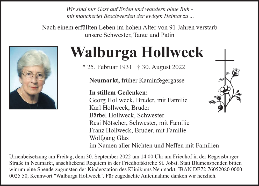  Traueranzeige für Walburga Hollweck vom 24.09.2022 aus Neumarkter Nachrichten Lokal
