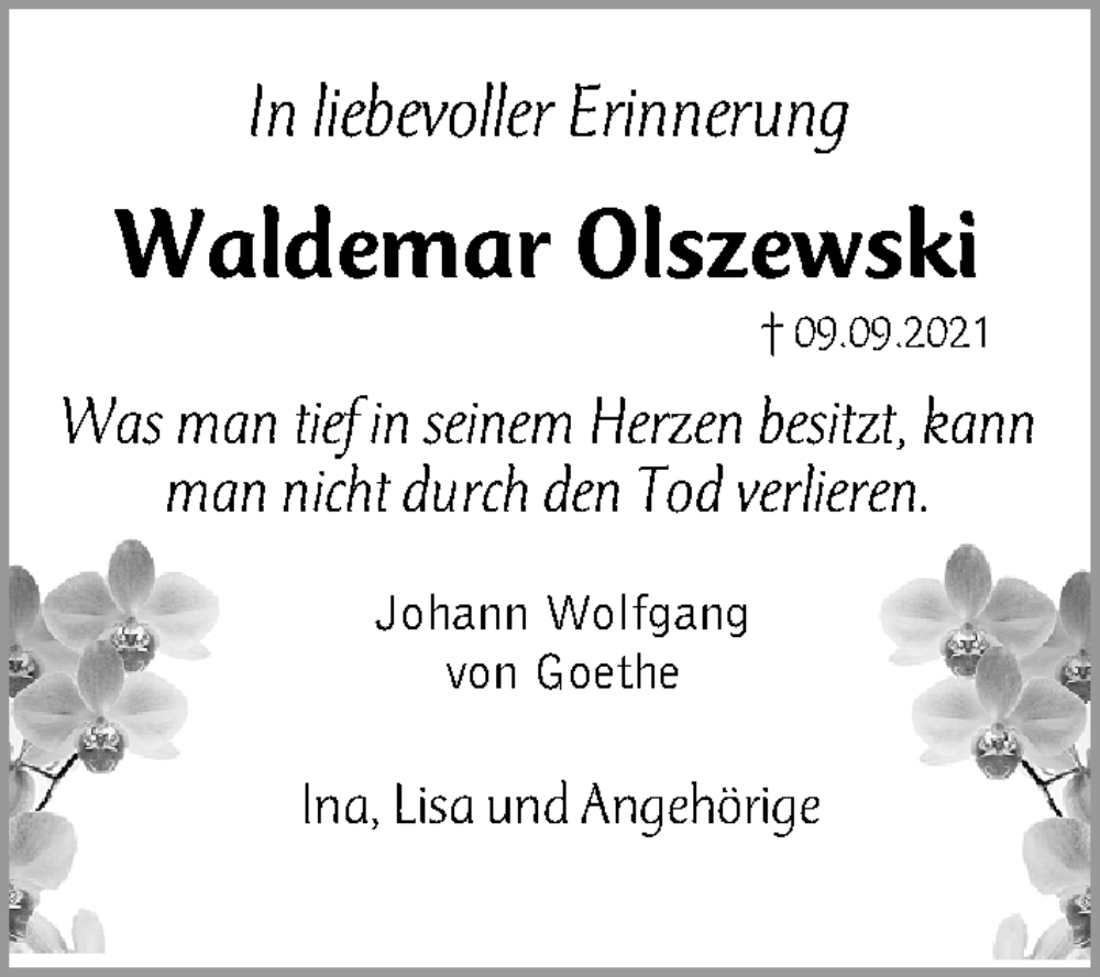  Traueranzeige für Waldemar Olszewski vom 09.09.2022 aus Fürther Nachrichten Lokal
