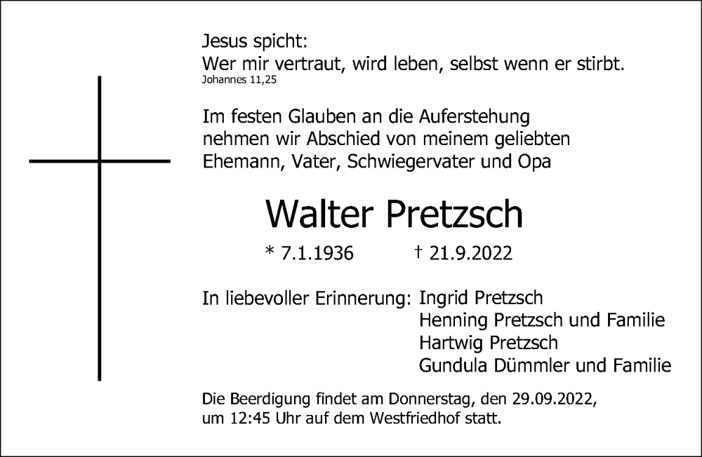  Traueranzeige für Walter Pretzsch vom 26.09.2022 aus Gesamtausgabe Nürnberger Nachrichten/ Nürnberger Ztg.