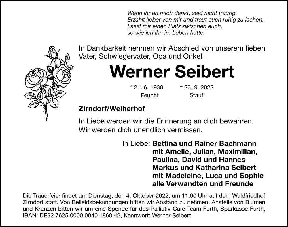  Traueranzeige für Werner Seibert vom 28.09.2022 aus Fürther Nachrichten/ Roth-Hilpoltsteiner Volkszeitung