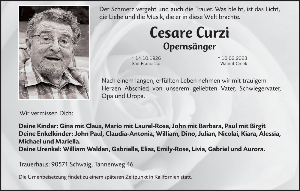 Traueranzeige für Cesare Curzi vom 25.02.2023 aus Gesamtausgabe Nürnberger Nachrichten/ Nürnberger Ztg.