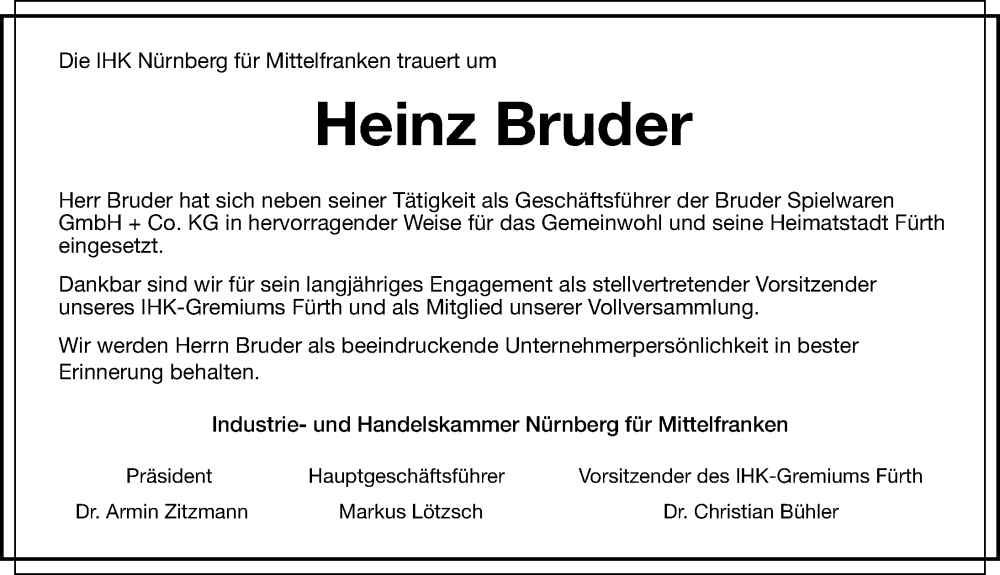  Traueranzeige für Heinz Bruder vom 24.02.2023 aus Gesamtausgabe Nürnberger Nachrichten/ Nürnberger Ztg.