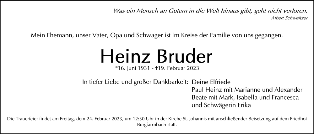  Traueranzeige für Heinz Bruder vom 22.02.2023 aus Gesamtausgabe Nürnberger Nachrichten/ Nürnberger Ztg./ Fürther Nachrichten