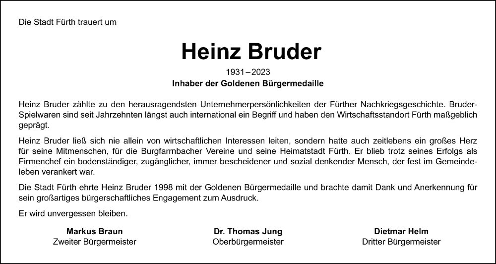  Traueranzeige für Heinz Bruder vom 24.02.2023 aus Fürther Nachrichten Lokal