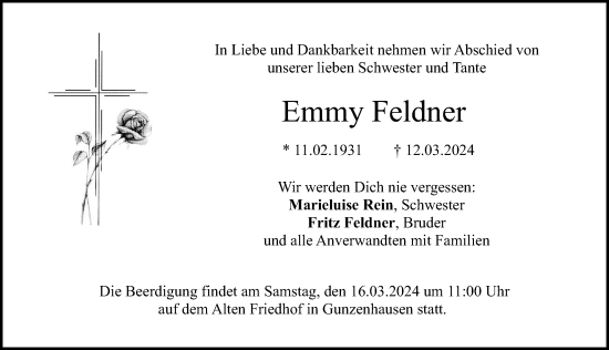 Traueranzeige von Emmy Feldner von Altmühl-Bote Lokal