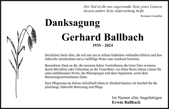 Traueranzeige von Gerhard Ballbach von Gesamtausgabe Nürnberger Nachrichten/ Nürnberger Ztg.