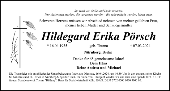 Traueranzeige von Hildegard Erika Pörsch von Gesamtausgabe Nürnberger Nachrichten/ Nürnberger Ztg.