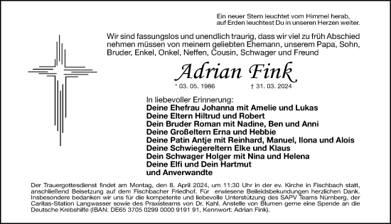 Traueranzeige von Adrian Fink von Gesamtausgabe Nürnberger Nachrichten/ Nürnberger Ztg.