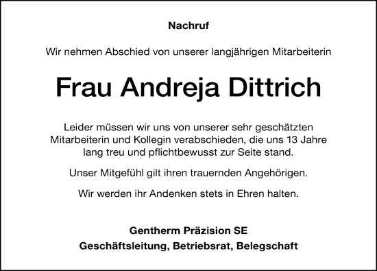 Traueranzeige von Andreja Dittrich von Weißenburger Tagblatt u.Treuchtlinger Kurier Lokal