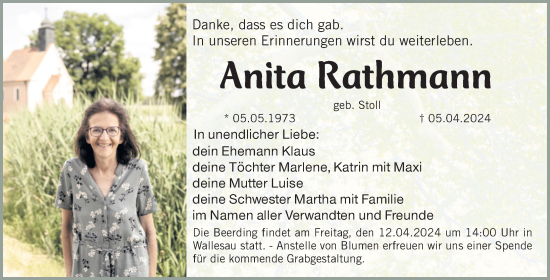 Traueranzeige von Anita Rathmann von Roth-Hilpoltsteiner Volkszeitung Lokal