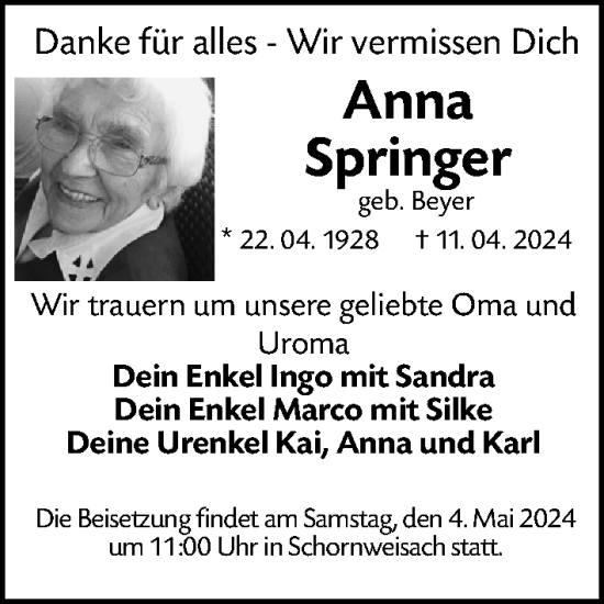 Traueranzeige von Anna Springer von Gesamtausgabe Nürnberger Nachrichten/ Nürnberger Ztg.