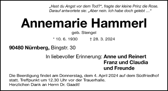 Traueranzeige von Annemarie Hammerl von Gesamtausgabe Nürnberger Nachrichten/ Nürnberger Ztg.