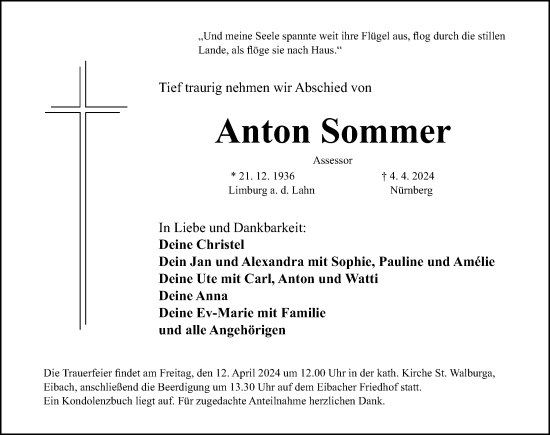 Traueranzeige von Anton Sommer von Gesamtausgabe Nürnberger Nachrichten/ Nürnberger Ztg.