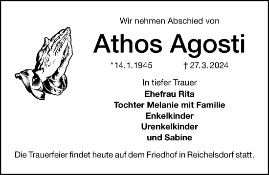 Traueranzeige von Athos Agosti von Schwabacher Tagblatt Lokal