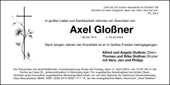 Traueranzeige von Axel Gloßner von Gesamtausgabe Nürnberger Nachrichten/ Nürnberger Ztg.