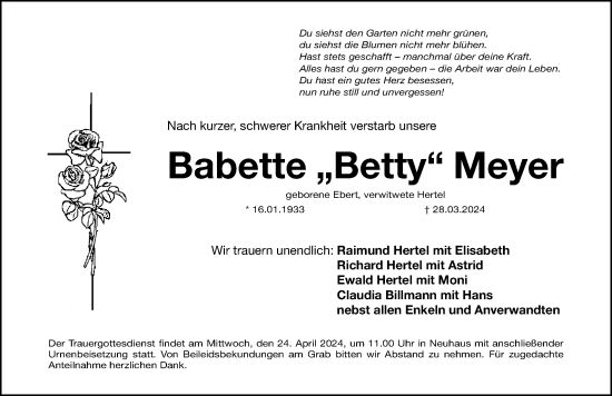 Traueranzeige von Babette Meyer von Nordbayerische Nachrichten Herzogenaurach Lokal