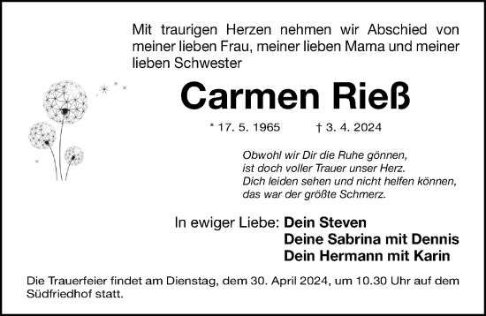 Traueranzeige von Carmen Rieß von Gesamtausgabe Nürnberger Nachrichten/ Nürnberger Ztg.
