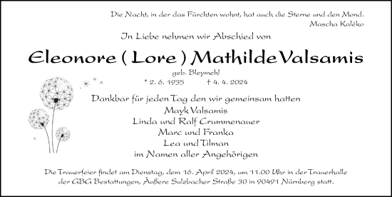 Traueranzeige von Eleonore Mathilde Valsamis von Gesamtausgabe Nürnberger Nachrichten/ Nürnberger Ztg.