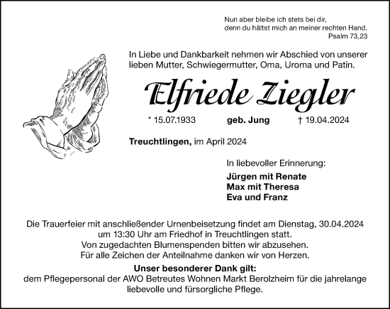 Traueranzeige von Elfriede Ziegler von Weißenburger Tagblatt u.Treuchtlinger Kurier Lokal