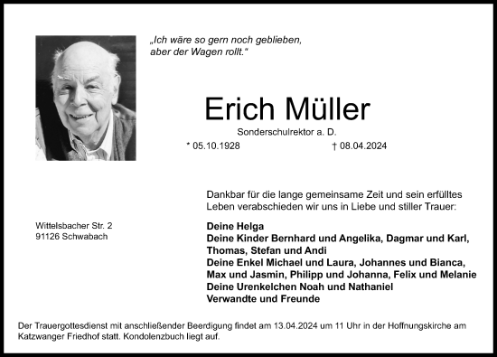 Traueranzeige von Erich Müller von Gesamtausgabe Nürnberger Nachrichten/ Nürnberger Ztg.