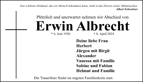 Traueranzeige von Erwin Albrecht von Gesamtausgabe Nürnberger Nachrichten/ Nürnberger Ztg.