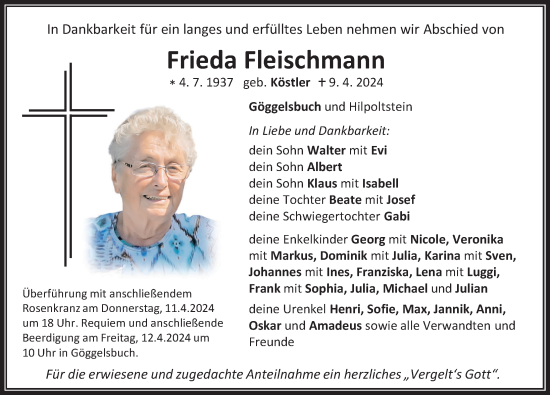 Traueranzeige von Frieda Fleischmann von Roth-Hilpoltsteiner Volkszeitung Lokal