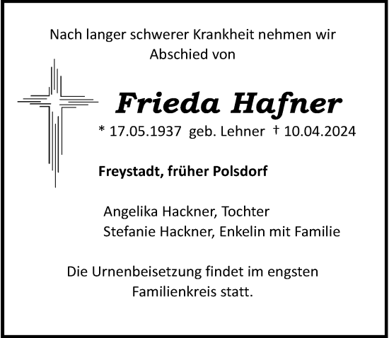 Traueranzeige von Frieda Hafner von Roth-Hilpoltsteiner Volkszeitung Lokal