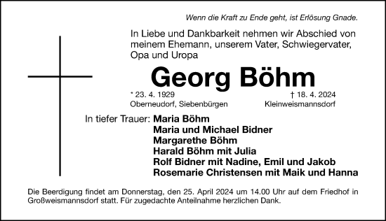 Traueranzeige von Georg Böhm von Fürther Nachrichten Lokal