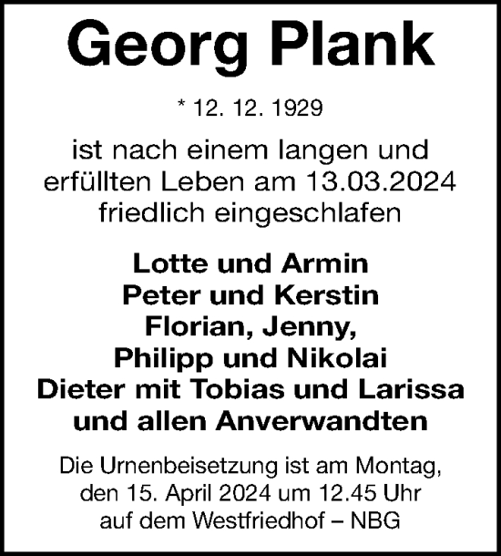 Traueranzeige von Georg Plank von Gesamtausgabe Nürnberger Nachrichten/ Nürnberger Ztg.