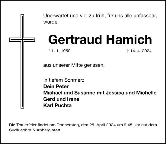 Traueranzeige von Gertraud Hamich von Gesamtausgabe Nürnberger Nachrichten/ Nürnberger Ztg.