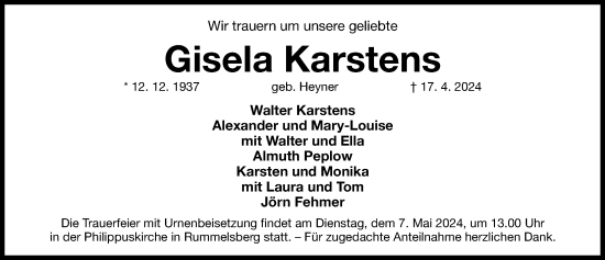 Traueranzeige von Gisela Karstens von Gesamtausgabe Nürnberger Nachrichten/ Nürnberger Ztg.
